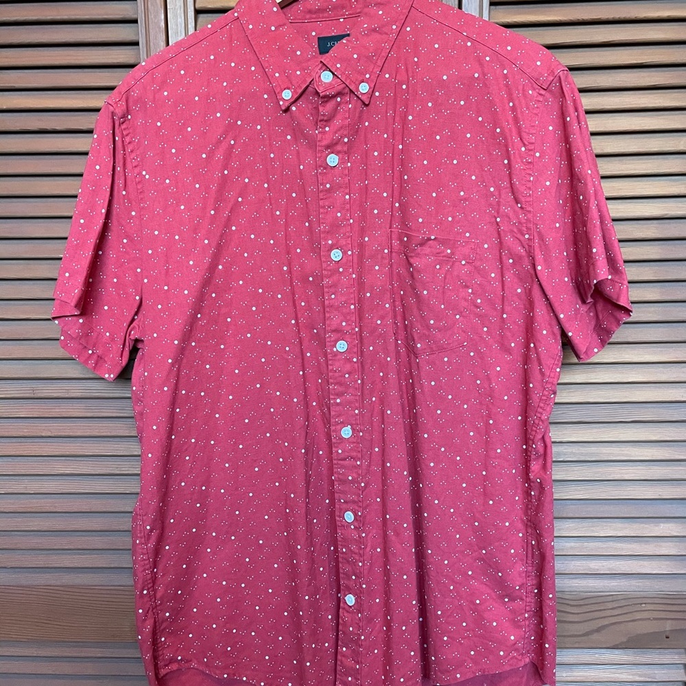 J. Crew red polka dot button up short sleeve shirt